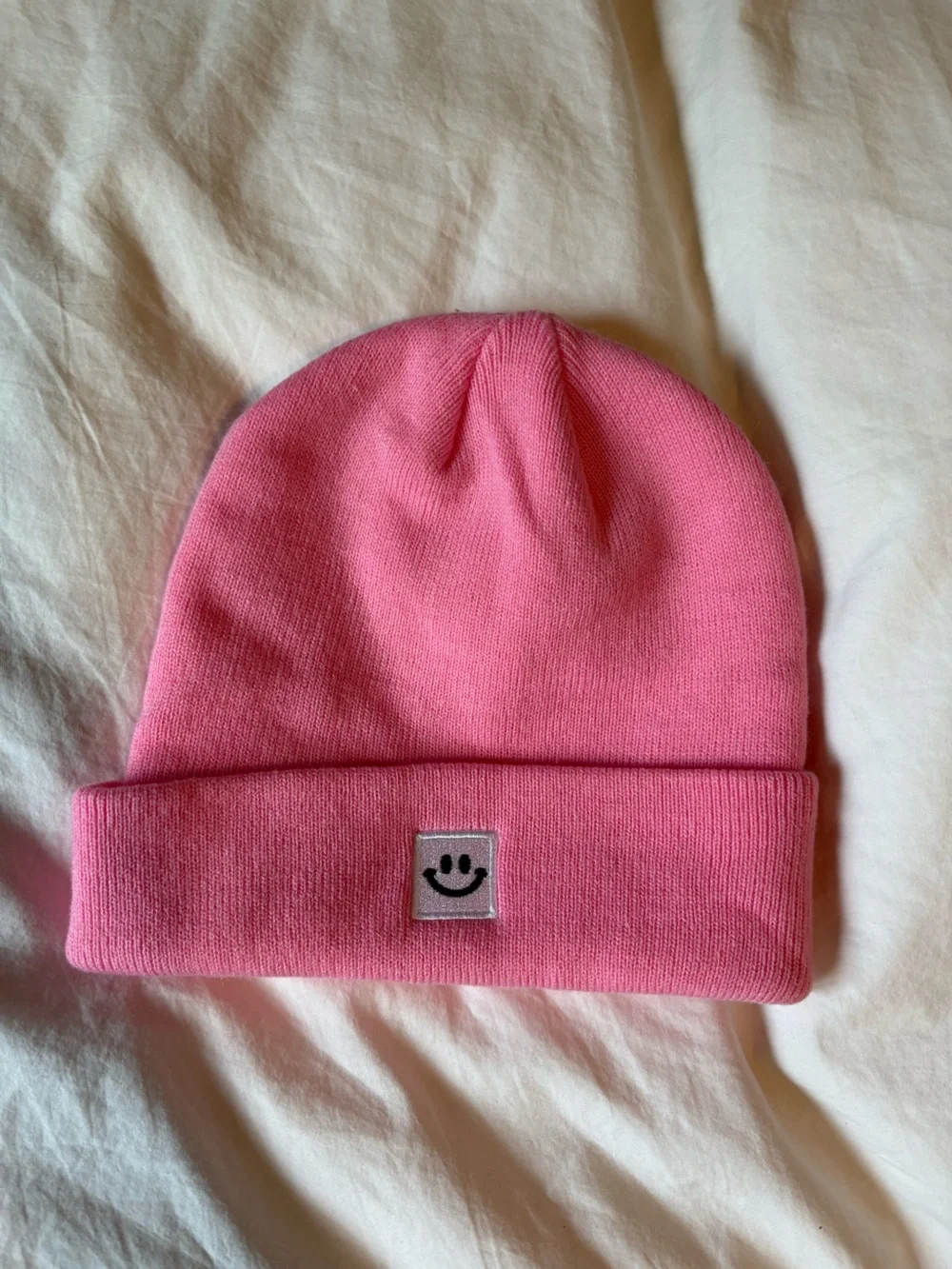 Kids Pink Beanie Hat with Smile Patch